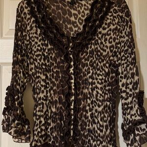 New Directions Brown Leopard Blouse with Ruffles